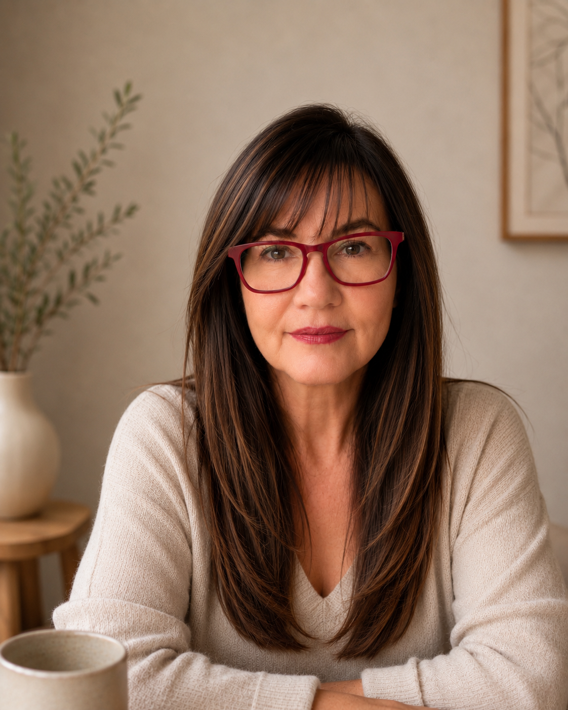 Portrait of your guide, a warm woman with long brown wavy hair and red glasses in soft natural light