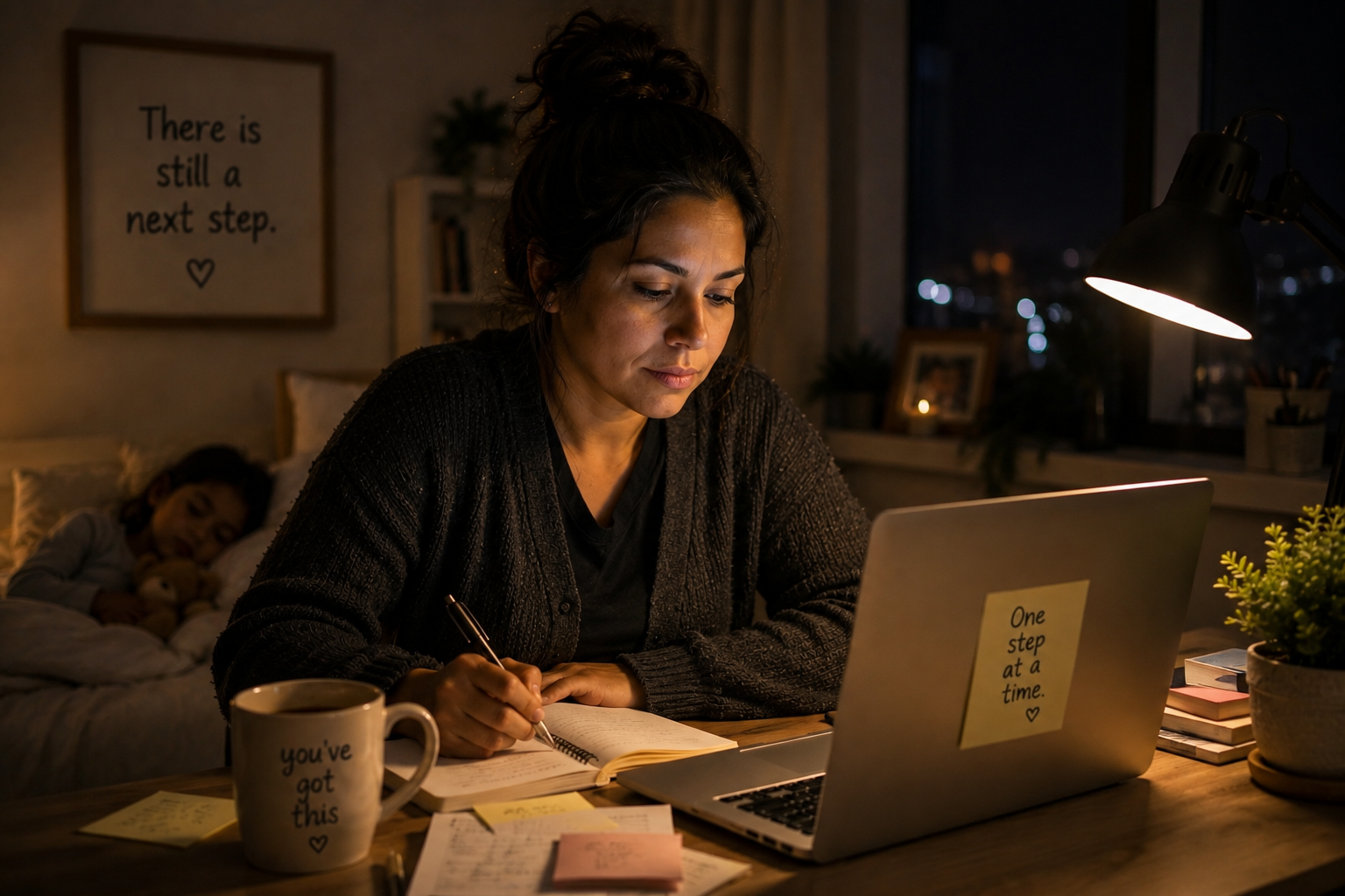 A mother writing in a notebook by lamplight while her child sleeps nearby, with a framed quote that reads 'There is still a next step.'