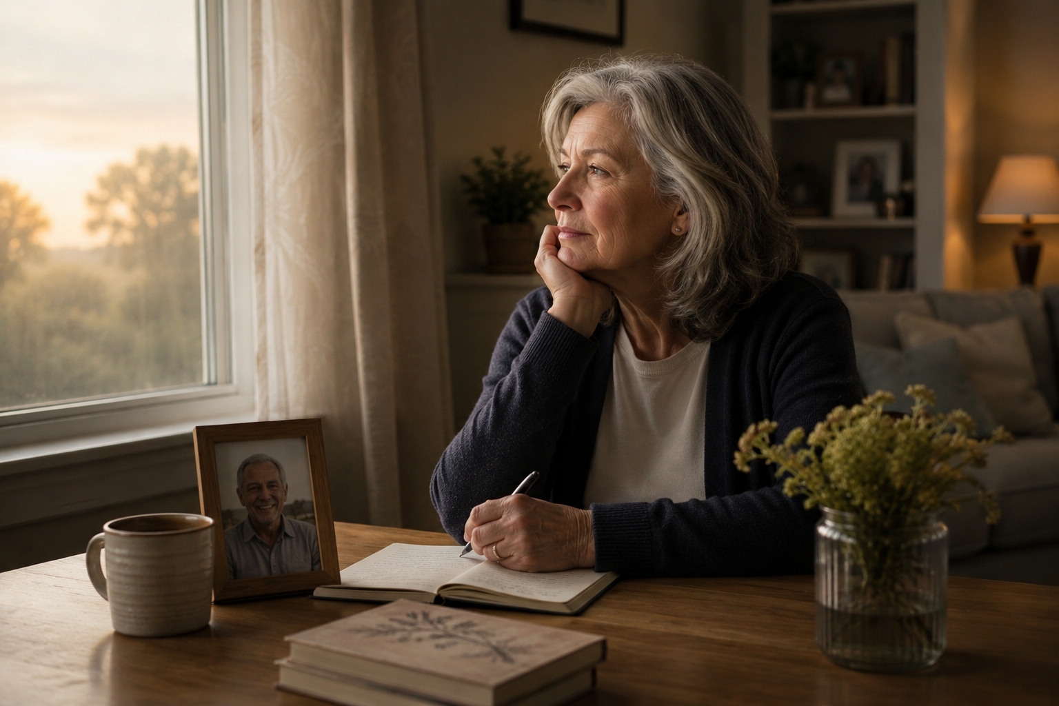 An older woman writing in a journal by a window at sunrise, with a framed photo of her late husband on the table.
